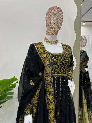 Black Elegant Anarkali Plazo Set with Dupatta – Faux Georgette & Sequins Work ClothsVilla