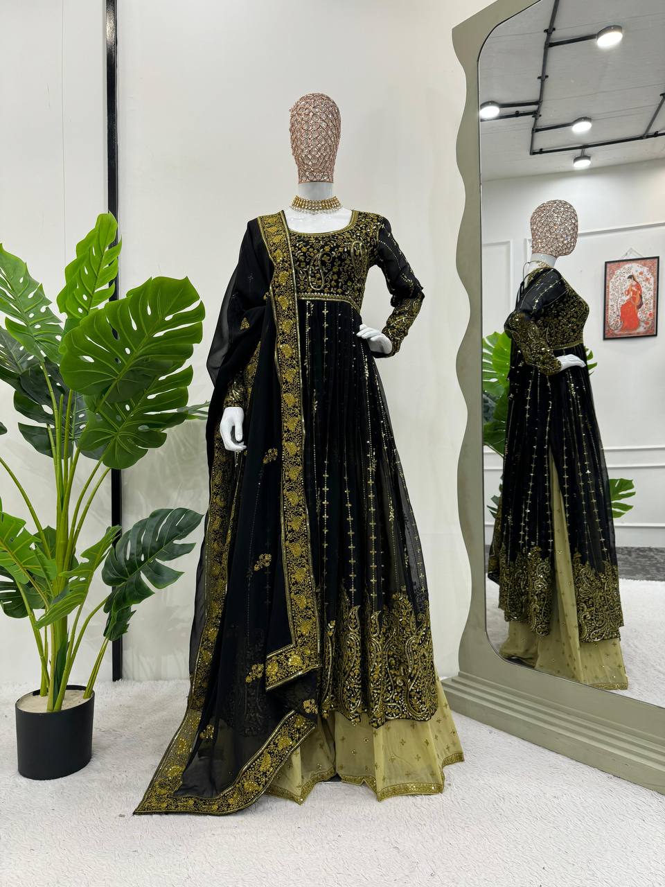 Black Elegant Anarkali Plazo Set with Dupatta – Faux Georgette & Sequins Work ClothsVilla