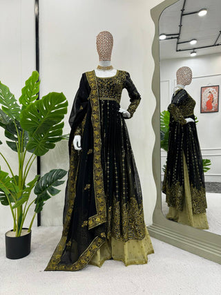 Black Elegant Anarkali Plazo Set with Dupatta – Faux Georgette & Sequins Work ClothsVilla