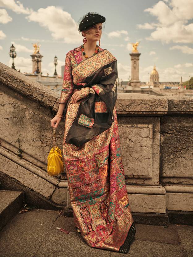 Black Elegant Banarasi Silk Blend Woven Saree with Unstitched Blouse Piece ClothsVilla
