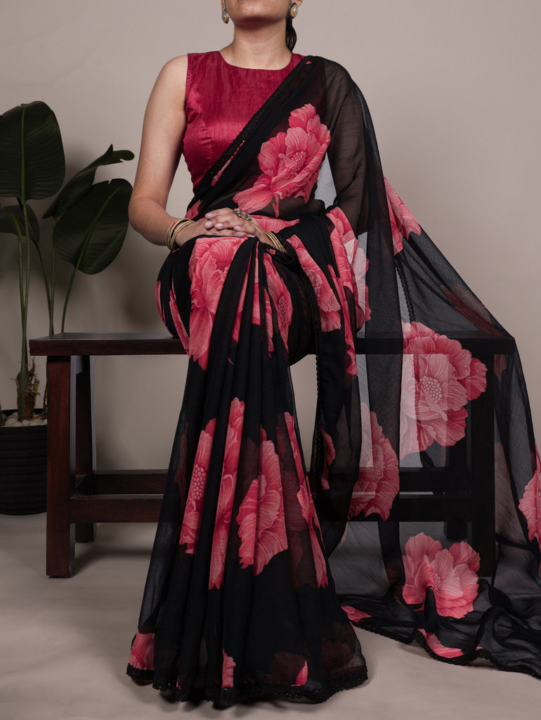 Black Elegant Chiffon Saree with Floral Print & Lace Border – Unstitched Banglory Blouse ClothsVilla