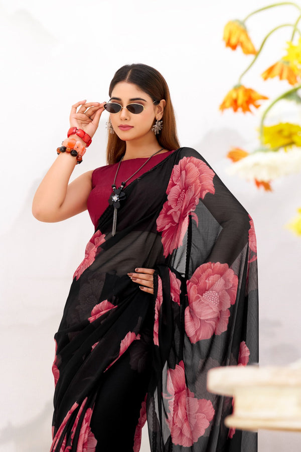 Black Elegant Chiffon Saree with Floral Print & Lace Border – Unstitched Banglory Blouse ClothsVilla