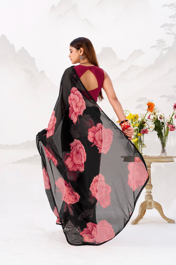 Black Elegant Chiffon Saree with Floral Print & Lace Border – Unstitched Banglory Blouse ClothsVilla
