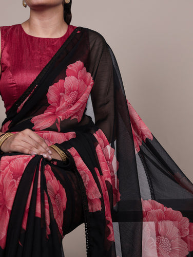 Black Elegant Chiffon Saree with Floral Print & Lace Border – Unstitched Banglory Blouse ClothsVilla