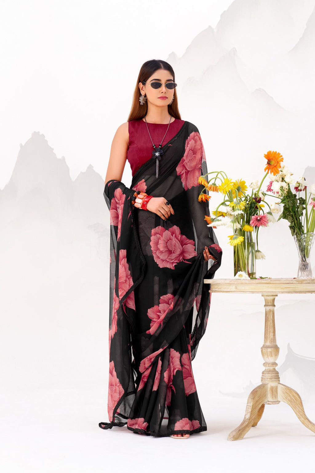 Black Elegant Chiffon Saree with Floral Print & Lace Border – Unstitched Banglory Blouse ClothsVilla