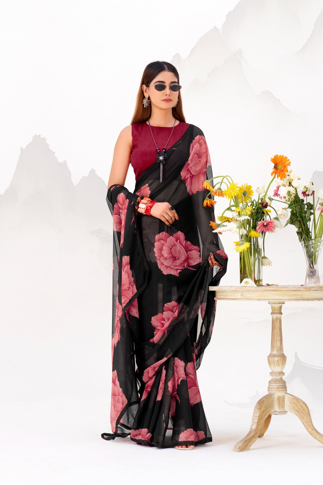 Black Elegant Chiffon Saree with Floral Print & Lace Border – Unstitched Banglory Blouse ClothsVilla