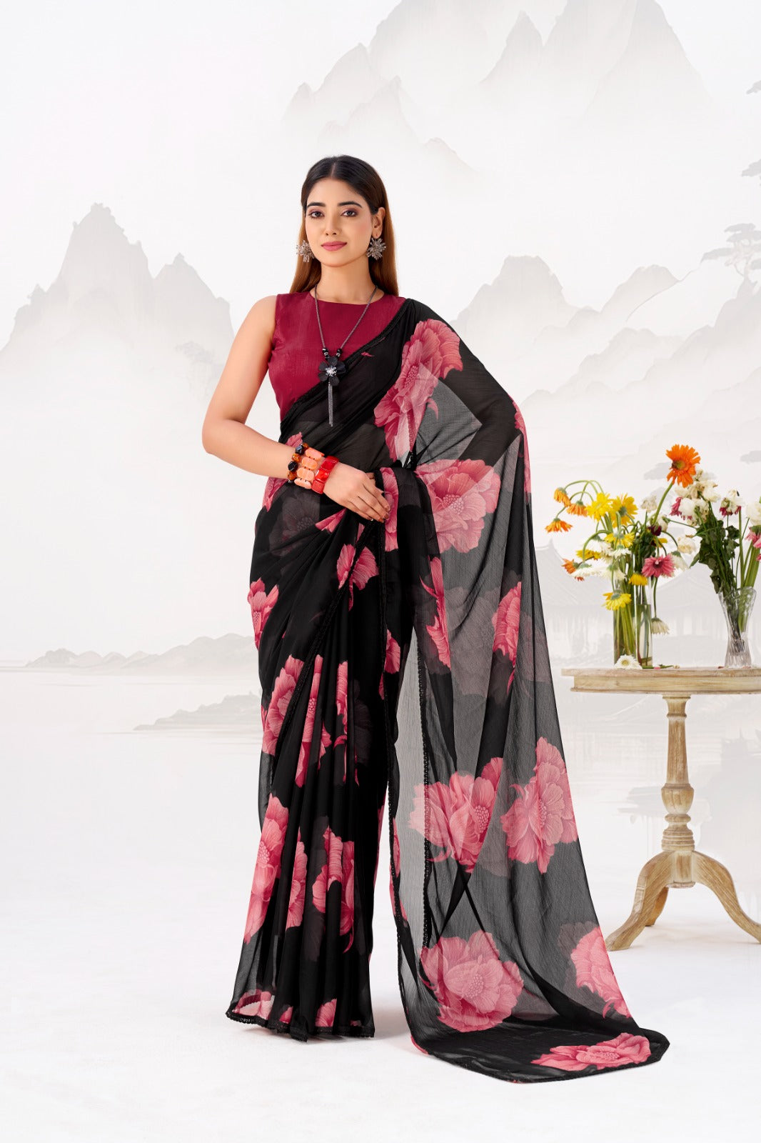 Black Elegant Chiffon Saree with Floral Print & Lace Border – Unstitched Banglory Blouse ClothsVilla Main image