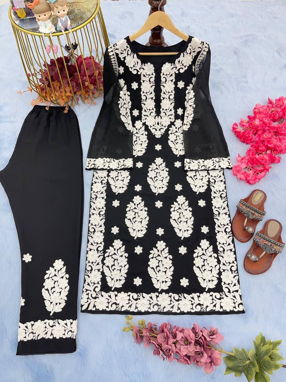 Black Elegant Chikankari Designer Kurta & Bottom Set – Perfect Ethnic Look ClothsVilla