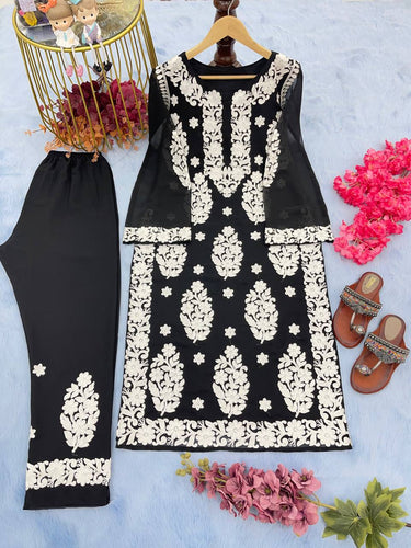 Black Elegant Chikankari Designer Kurta & Bottom Set – Perfect Ethnic Look ClothsVilla