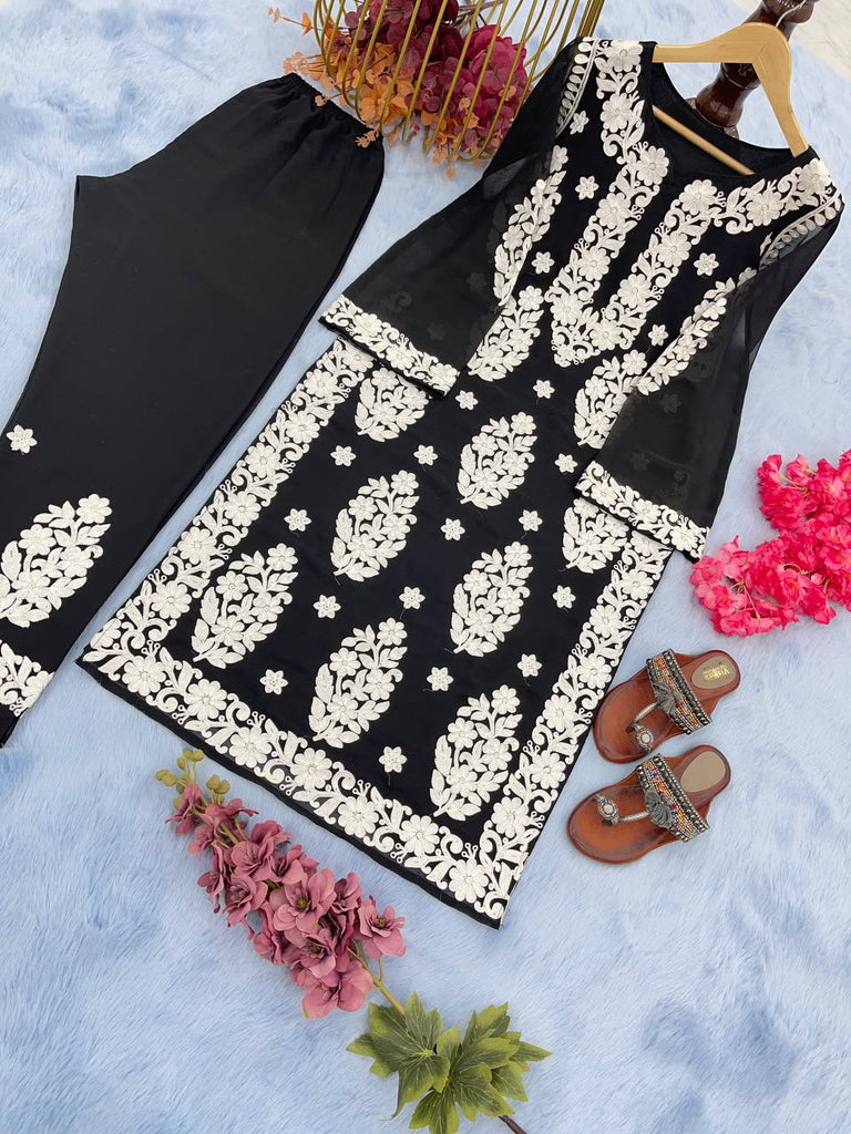 Black Elegant Chikankari Designer Kurta & Bottom Set – Perfect Ethnic Look ClothsVilla