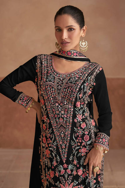 Black Viscose Crepe Heavy embroidered & Mirror Pasting C-cut Party wear suit with Chiffon Duppata