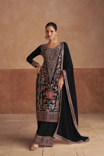 Black Elegant Chinon Embroidered Suit with Dupatta ClothsVilla