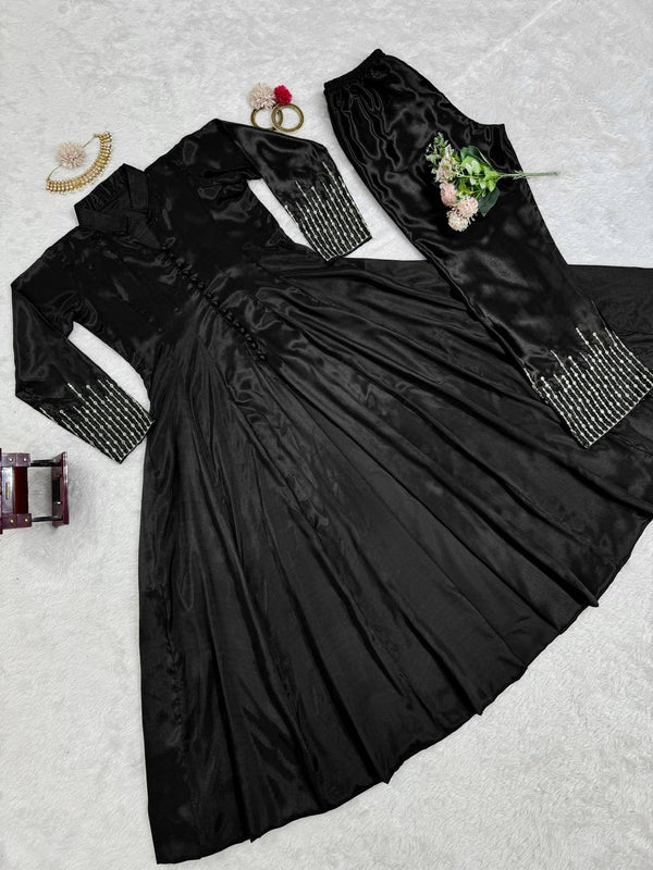 Black Elegant Chinon Silk Ensemble – Perfect for Every Occasion! Clothsvilla