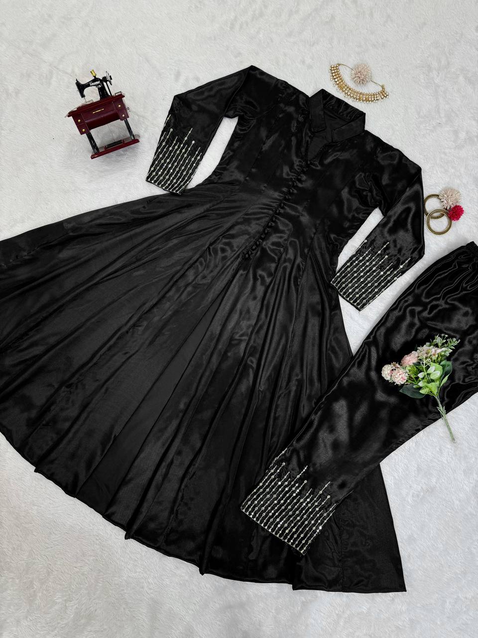 Black Elegant Chinon Silk Ensemble – Perfect for Every Occasion! Clothsvilla