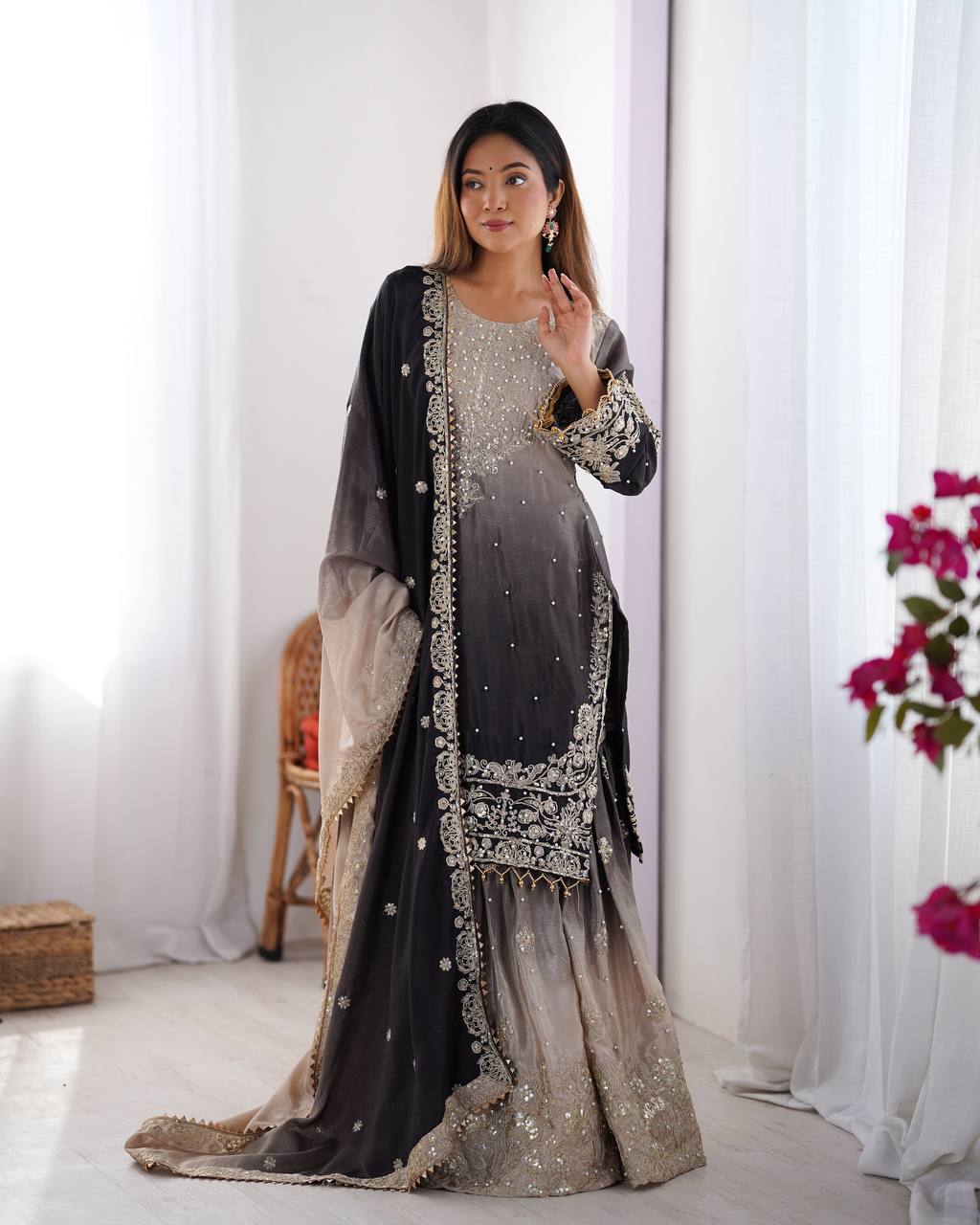 Black Elegant Chinon Silk Ensemble – Top, Plazo & Dupatta ClothsVilla Main image