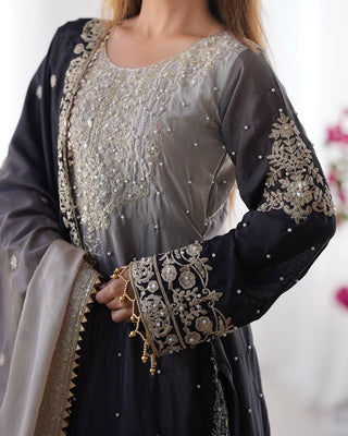 Black Elegant Chinon Silk Ensemble – Top, Plazo & Dupatta ClothsVilla
