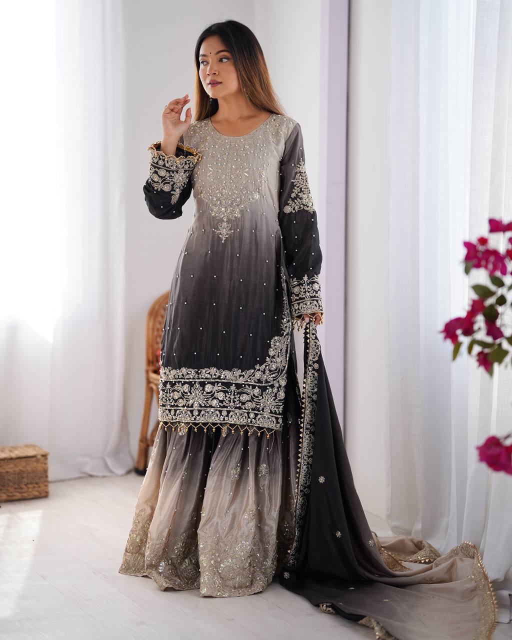 Black Elegant Chinon Silk Ensemble – Top, Plazo & Dupatta ClothsVilla