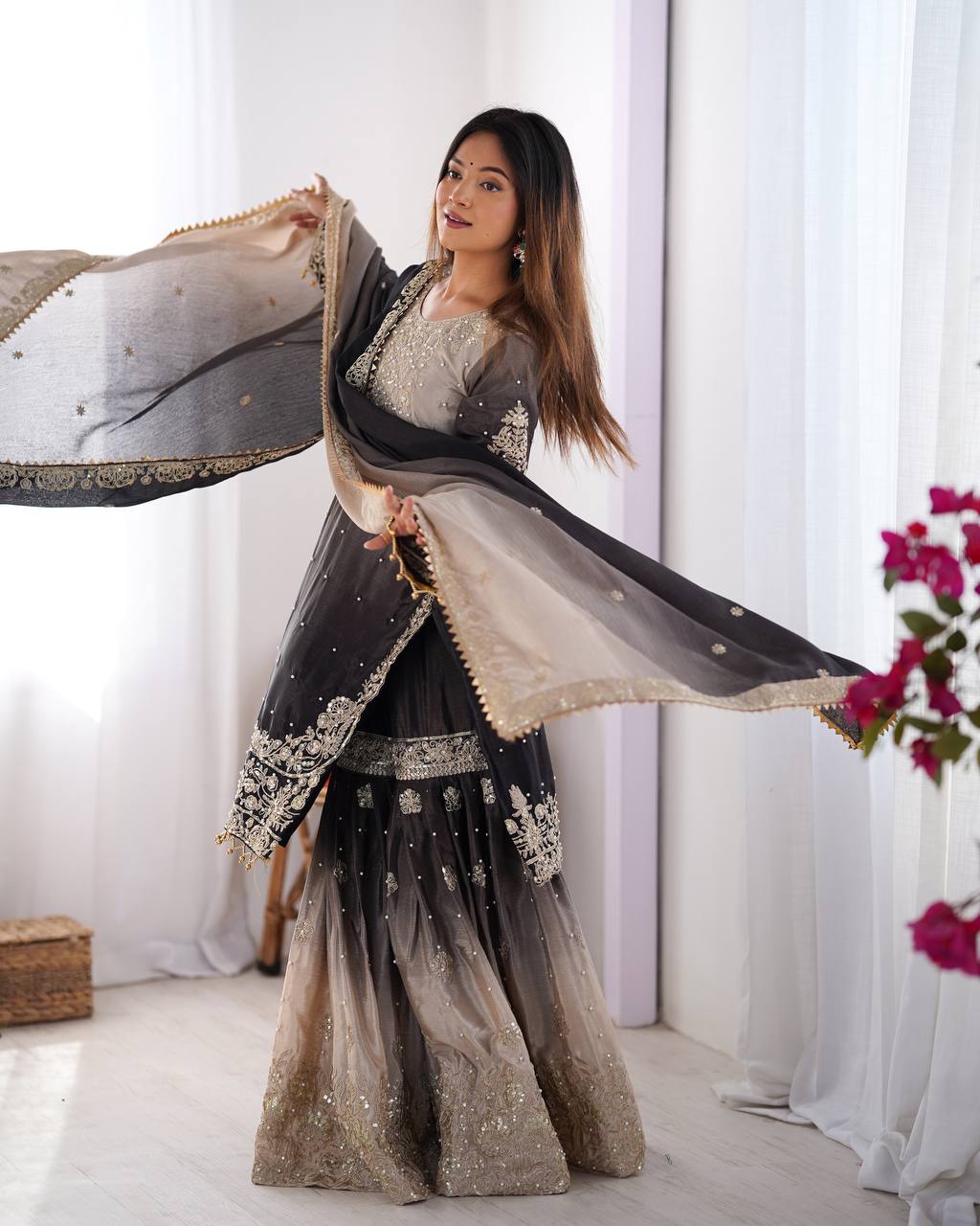 Black Elegant Chinon Silk Ensemble – Top, Plazo & Dupatta ClothsVilla