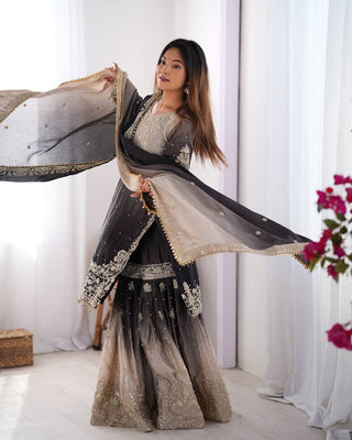 Black Elegant Chinon Silk Ensemble – Top, Plazo & Dupatta ClothsVilla