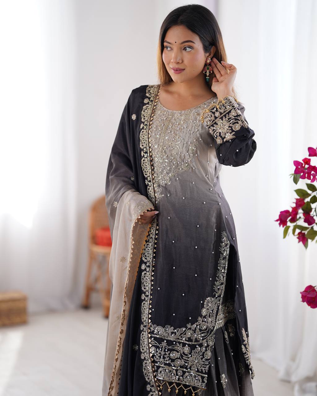 Black Elegant Chinon Silk Ensemble – Top, Plazo & Dupatta ClothsVilla