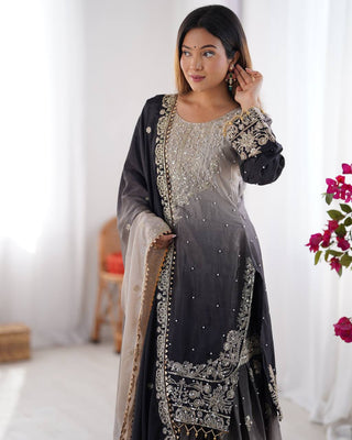 Black Elegant Chinon Silk Ensemble – Top, Plazo & Dupatta ClothsVilla
