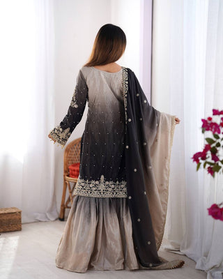 Black Elegant Chinon Silk Ensemble – Top, Plazo & Dupatta ClothsVilla