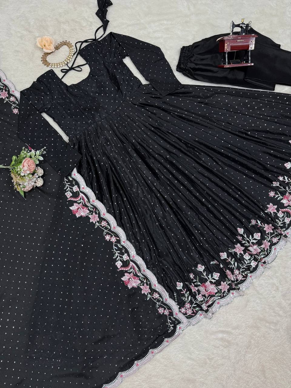 Black Elegant Chinon Silk Suit Set with Dupatta  Thread, Sequin & Mukesh Work Full-Stitched Ethnic Ensemble ClothsVilla