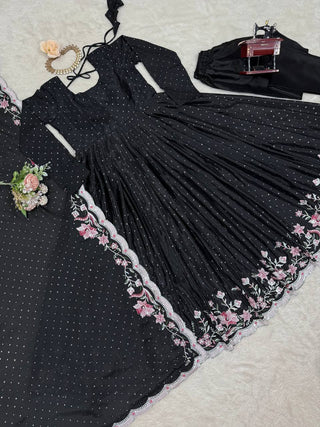Black Elegant Chinon Silk Suit Set with Dupatta  Thread, Sequin & Mukesh Work Full-Stitched Ethnic Ensemble ClothsVilla