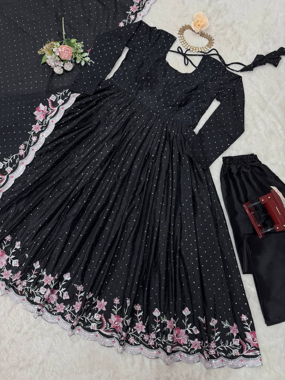 Black Elegant Chinon Silk Suit Set with Dupatta  Thread, Sequin & Mukesh Work Full-Stitched Ethnic Ensemble ClothsVilla
