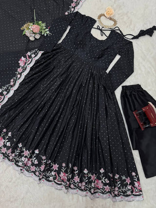 Black Elegant Chinon Silk Suit Set with Dupatta  Thread, Sequin & Mukesh Work Full-Stitched Ethnic Ensemble ClothsVilla