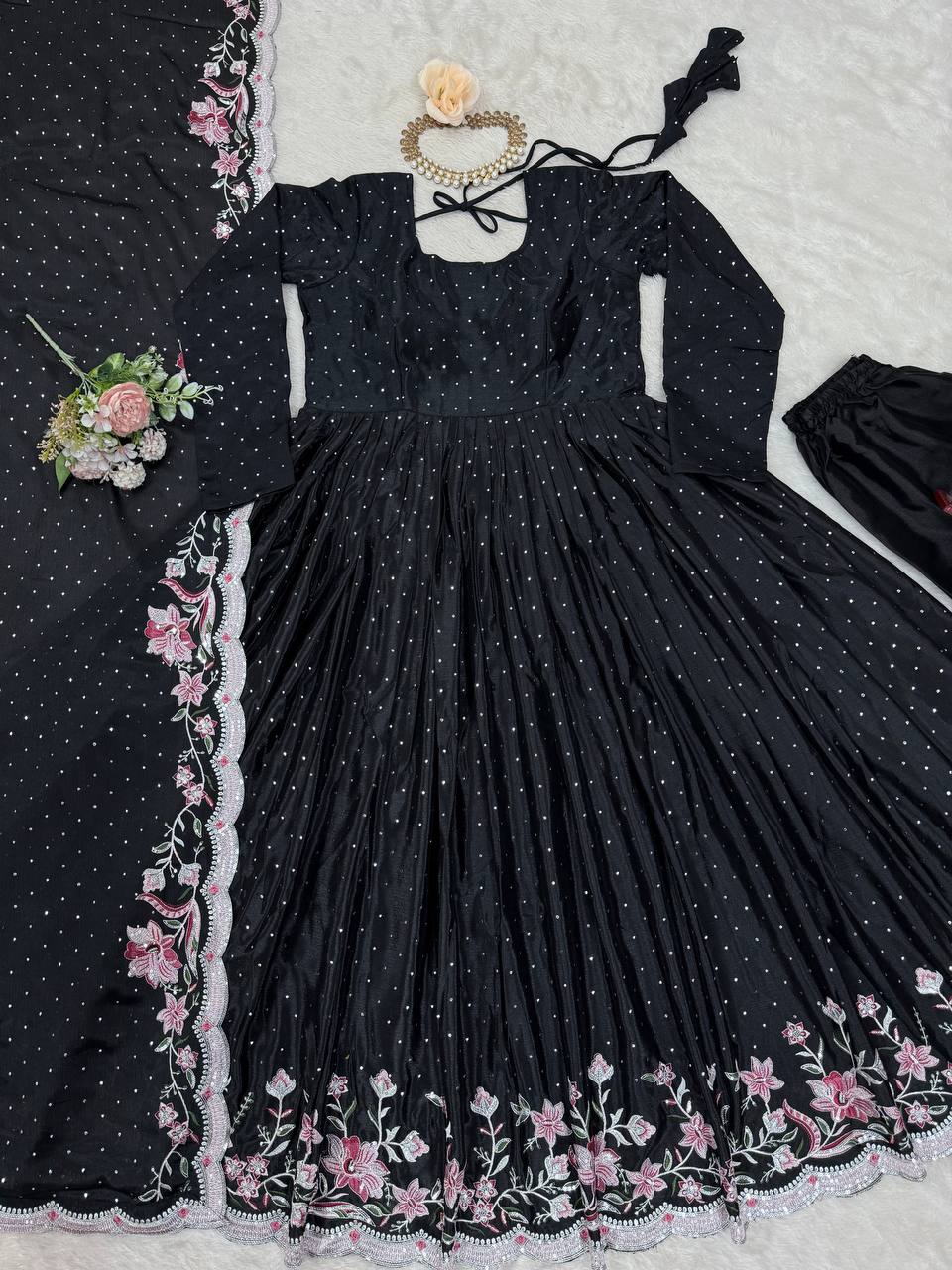 Black Elegant Chinon Silk Suit Set with Dupatta  Thread, Sequin & Mukesh Work Full-Stitched Ethnic Ensemble ClothsVilla