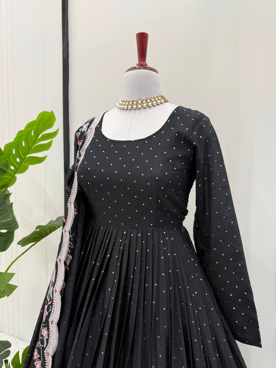 Black Elegant Chinon Silk Suit Set with Dupatta  Thread, Sequin & Mukesh Work Full-Stitched Ethnic Ensemble ClothsVilla