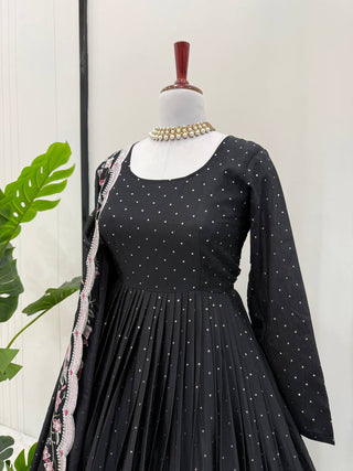 Black Elegant Chinon Silk Suit Set with Dupatta  Thread, Sequin & Mukesh Work Full-Stitched Ethnic Ensemble ClothsVilla