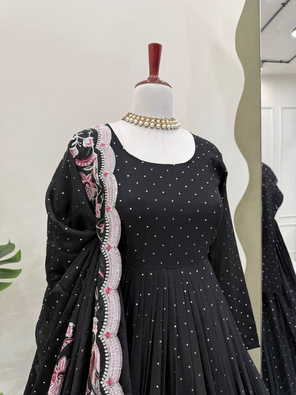 Black Elegant Chinon Silk Suit Set with Dupatta  Thread, Sequin & Mukesh Work Full-Stitched Ethnic Ensemble ClothsVilla