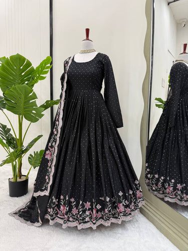 Black Elegant Chinon Silk Suit Set with Dupatta  Thread, Sequin & Mukesh Work Full-Stitched Ethnic Ensemble ClothsVilla