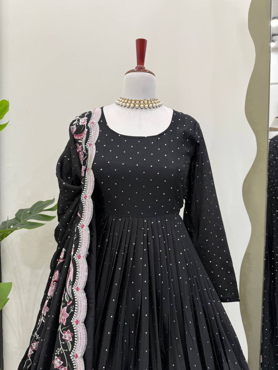 Black Elegant Chinon Silk Suit Set with Dupatta  Thread, Sequin & Mukesh Work Full-Stitched Ethnic Ensemble ClothsVilla