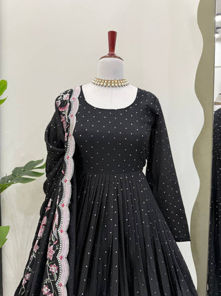 Black Elegant Chinon Silk Suit Set with Dupatta  Thread, Sequin & Mukesh Work Full-Stitched Ethnic Ensemble ClothsVilla