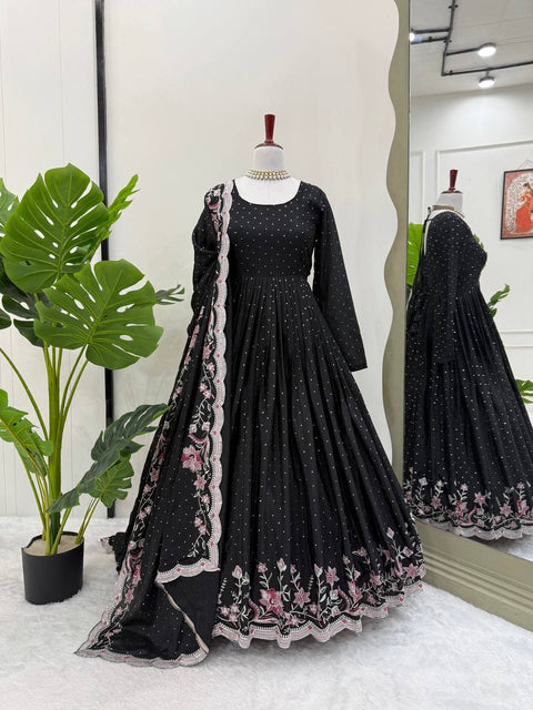 Black Elegant Chinon Silk Suit Set with Dupatta  Thread, Sequin & Mukesh Work Full-Stitched Ethnic Ensemble ClothsVilla Main image