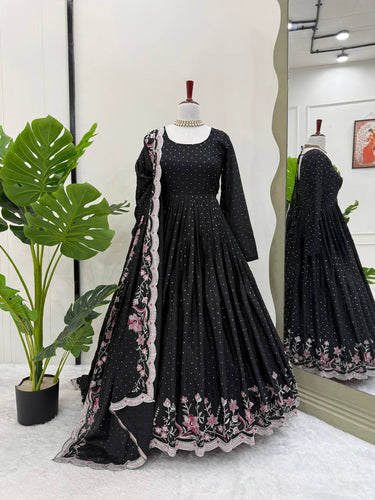 Black Elegant Chinon Silk Suit Set with Dupatta  Thread, Sequin & Mukesh Work Full-Stitched Ethnic Ensemble ClothsVilla