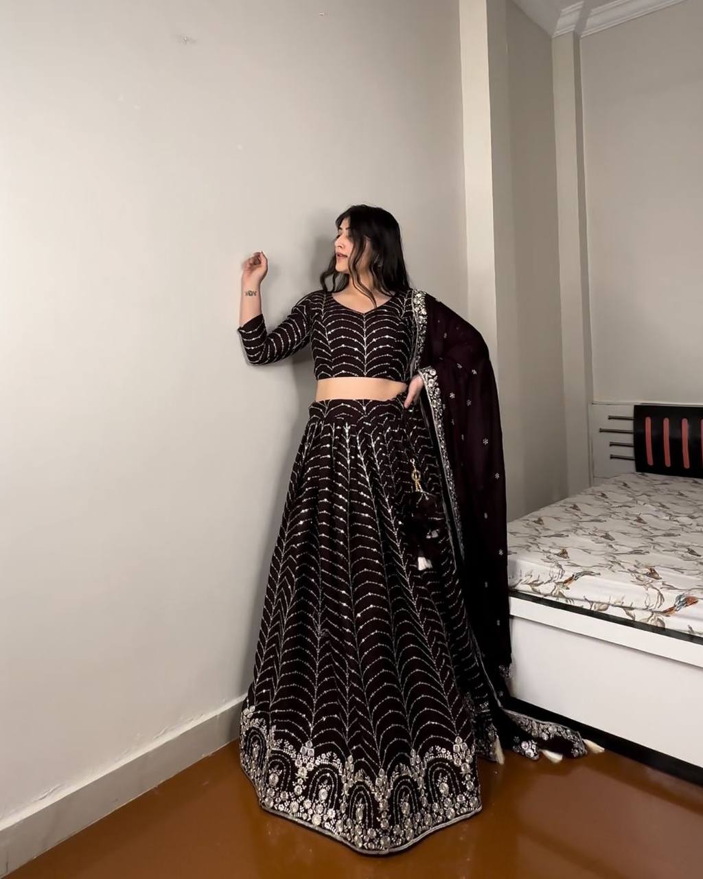 Black Elegant Designer Lehenga-Choli Set with Embroidery & Sequence Work ClothsVilla Main image