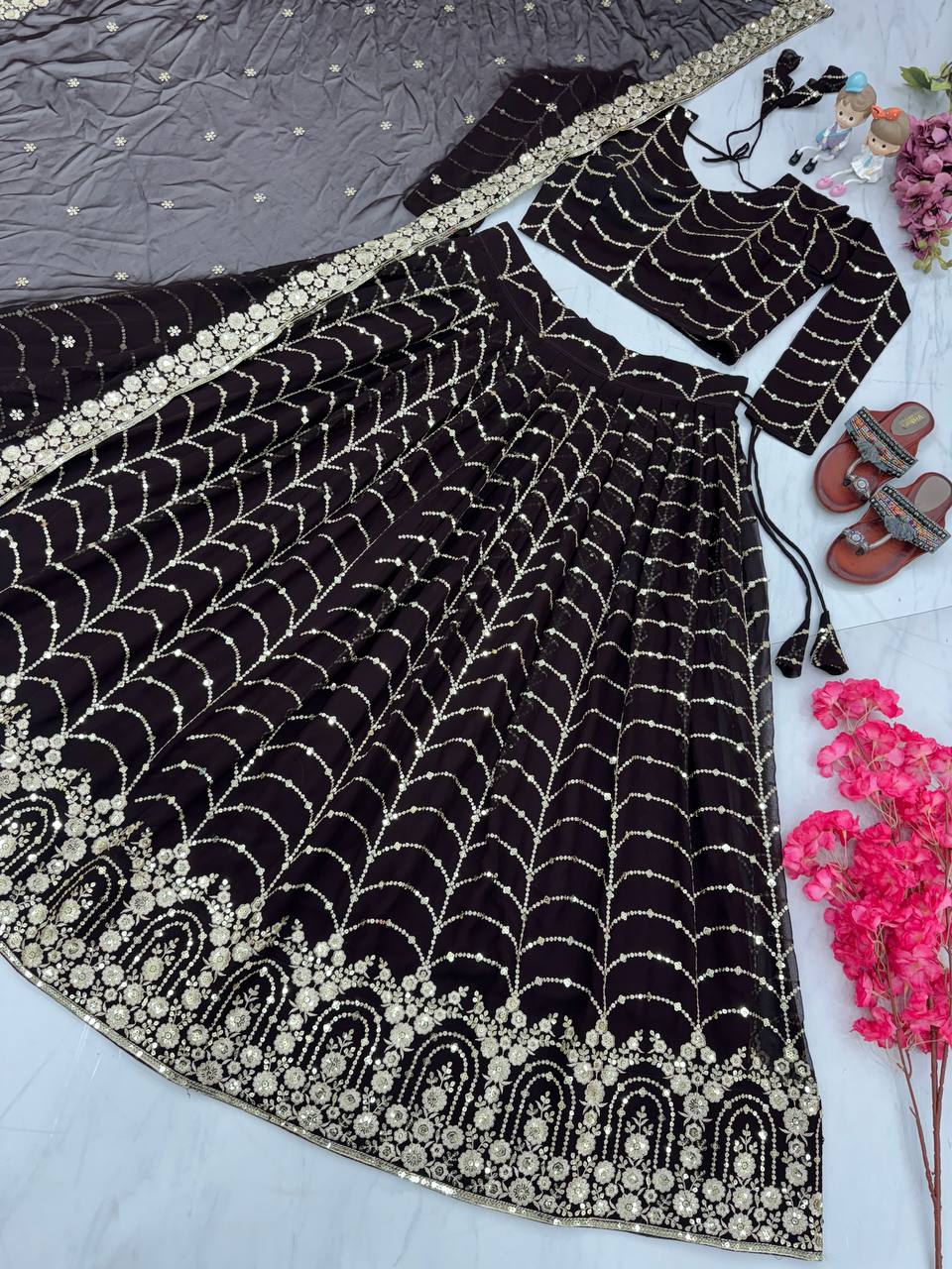 Black Elegant Designer Lehenga-Choli Set with Embroidery & Sequence Work ClothsVilla