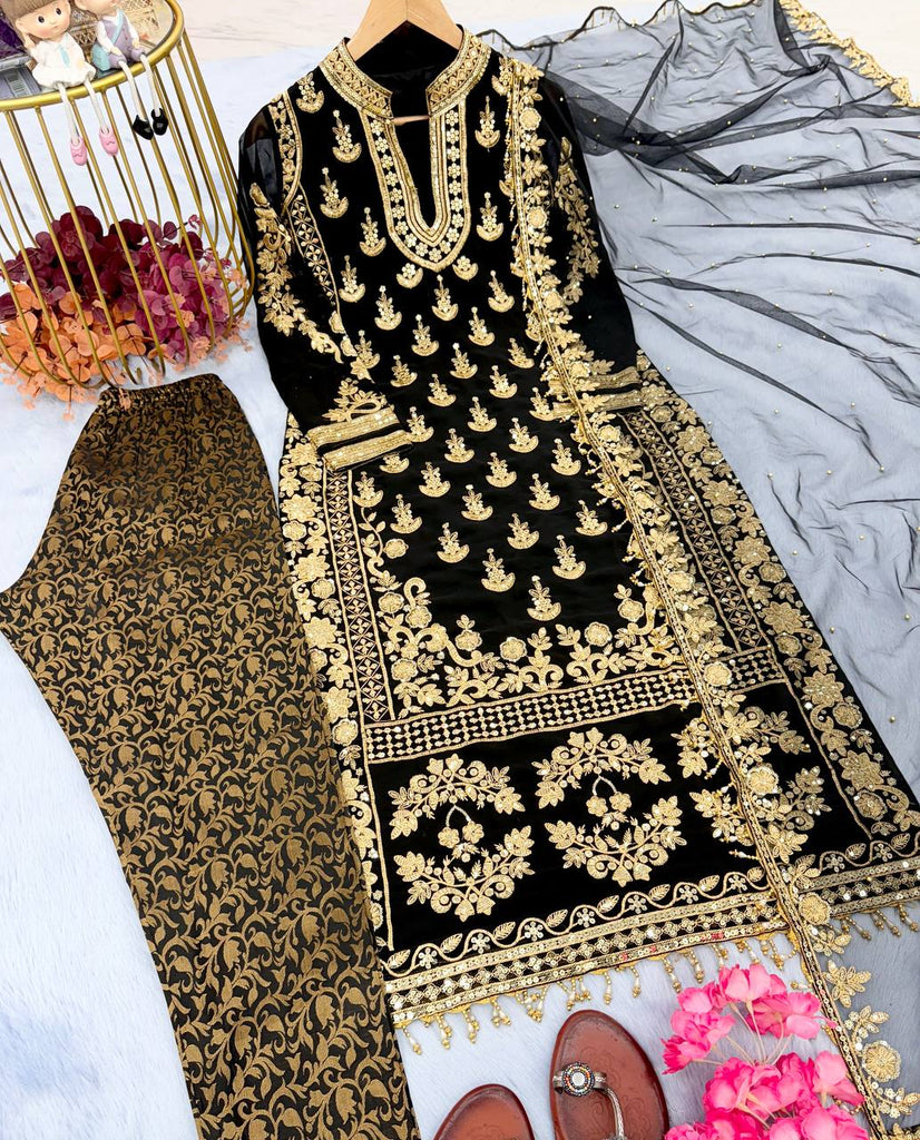 Black Elegant Designer Party Wear Top, Bottom, and Dupatta Set ClothsVilla