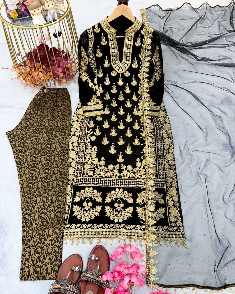 Black Elegant Designer Party Wear Top, Bottom, and Dupatta Set ClothsVilla