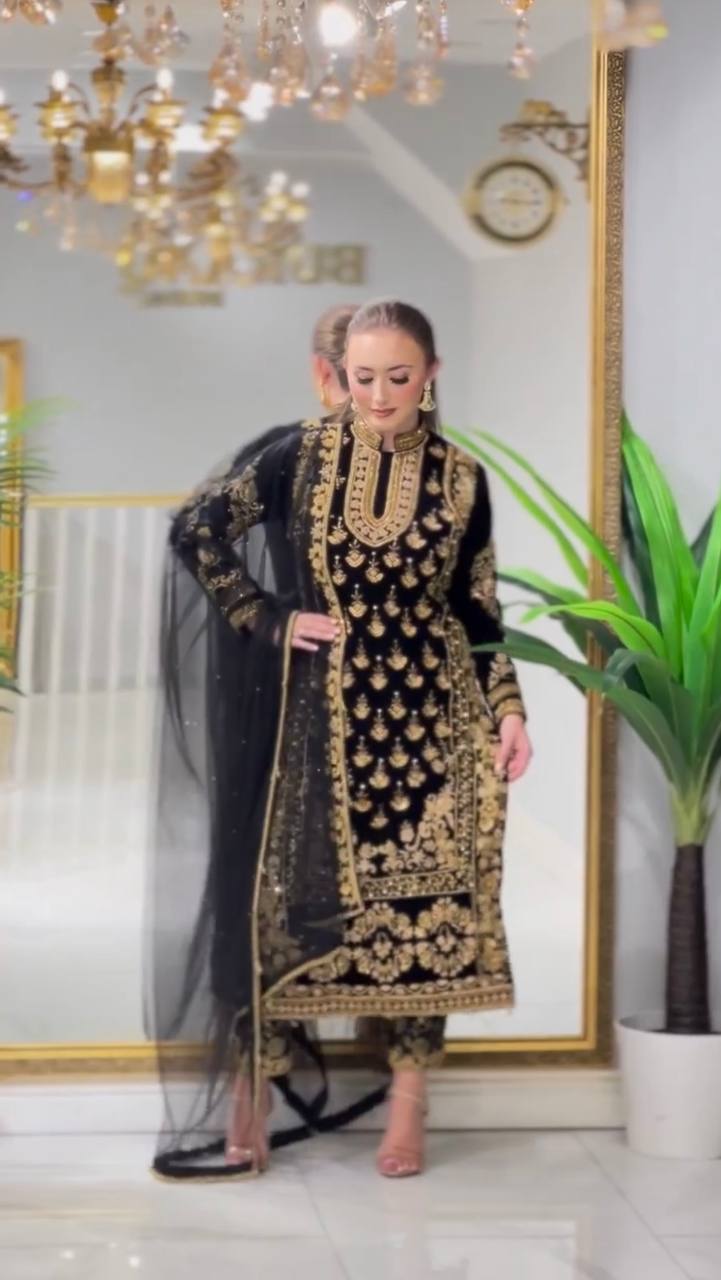Black Elegant Designer Party Wear Top, Bottom, and Dupatta Set ClothsVilla
