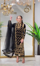 Load image into Gallery viewer, Black Elegant Designer Party Wear Top, Bottom, and Dupatta Set ClothsVilla