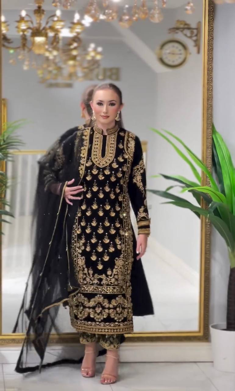 Black Elegant Designer Party Wear Top, Bottom, and Dupatta Set ClothsVilla