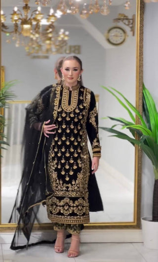 Black Elegant Designer Party Wear Top, Bottom, and Dupatta Set ClothsVilla