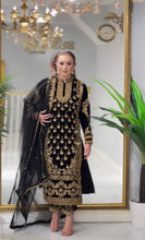 Load image into Gallery viewer, Black Elegant Designer Party Wear Top, Bottom, and Dupatta Set ClothsVilla