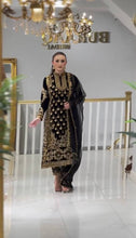 Load image into Gallery viewer, Black Elegant Designer Party Wear Top, Bottom, and Dupatta Set ClothsVilla