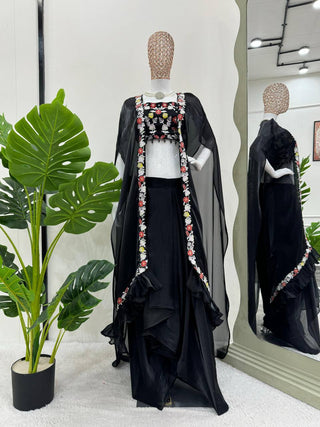 Black Elegant Dhoti Style Ensemble with Shrug & Unstitched Choli ClothsVilla
